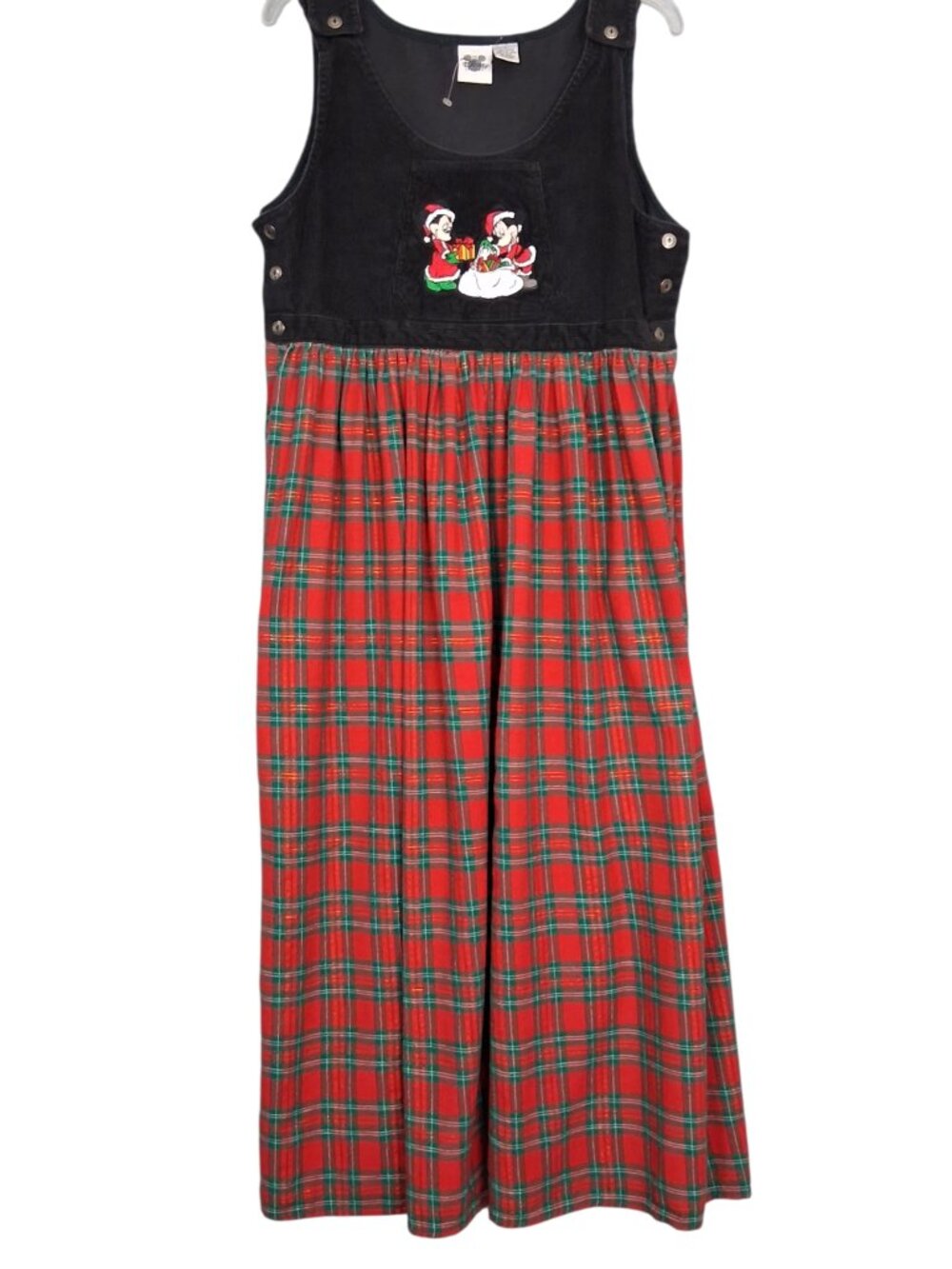 Vtg Disney | Christmas Mickey & Minnie Jumper Dress Blk Corduroy Red Green Plaid